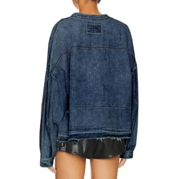 Denim Pullover for Women Deep V-Neck Ruffle Long Sleeve Raw Hem Seam Detail Casual Relaxed Fit Jean Top Blouses