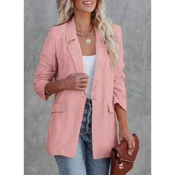 PRETTYGARDEN Women's Casual Blazers Long Sleeve Open Front Button Work Office Blazer Jackets with Pockets (Pink,X-Small)