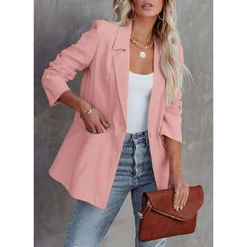 PRETTYGARDEN Women's Casual Blazers Long Sleeve Open Front Button Work Office Blazer Jackets with Pockets (Pink,X-Small)