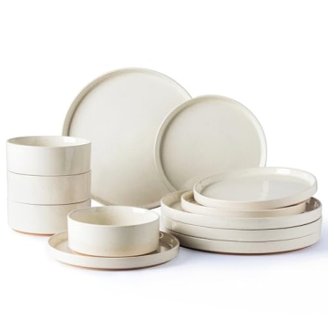 AmorArc 12-Piece Ceramic Dinnerware Set - Speckled Stoneware Plates & Bowls, Dishwasher Safe