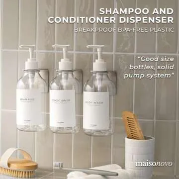 MaisoNovo Shampoo and Conditioner Dispenser - Shower Soap Dispenser Wall Mounted - 16.9 fl oz Set of 3 Clear Plastic Bottles White Pump - Shampoo Dispenser, Shower Dispenser 3 Chamber No Drill
