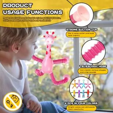 Giraffe Sensory Toys 4Pcs Easter Basket Stuffer Gift for Toddlers Girls Year Old Ages 3 4 5 6 7 8 9 10, Suction Autism Toy Pop Tube Fidget Toys Autistic Travel Toys Stocking Valentine Gift for Kids