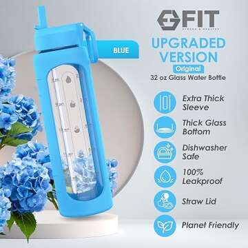 FIT Strong & Healthy 32 oz Glass Water Bottle with Time Marker & Silicone Sleeve - w/Handle & 2 Leak...