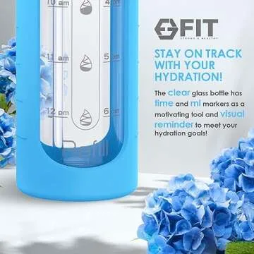 FIT Strong & Healthy 32 oz Glass Water Bottle with Time Marker & Silicone Sleeve - w/Handle & 2 Leakproof Lids Straw & Spout Lid, Wide Mouth, BPA Free 1 Liter Motivational Drinking Bottle, Blue