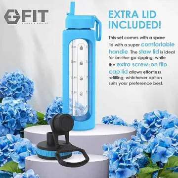 FIT Strong & Healthy 32 oz Glass Water Bottle with Time Marker & Silicone Sleeve - w/Handle & 2 Leakproof Lids Straw & Spout Lid, Wide Mouth, BPA Free 1 Liter Motivational Drinking Bottle, Blue