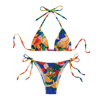 COZYEASE Women's 2 Piece Floral Bikini Sets Smocked Drawstring Side Triangle Halter Sexy Cute Swimsu...