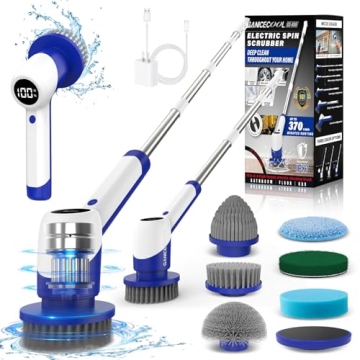 Cordless Electric Spin Scrubber with 6 Brush Heads & Adjustable Handle - Blue