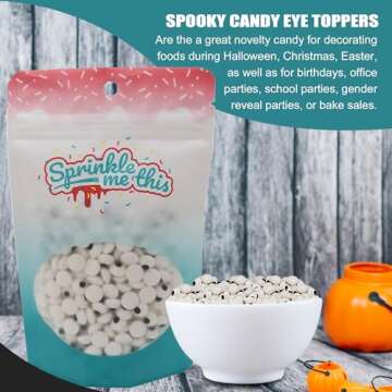 Spooky Eye Toppers - 4 oz Resealable Stand Up Candy Bag - Edible Baking Decorations - Funny White Googly Eyes for Cupcakes, Cakes, Cookies, Brownies - Halloween, Easter, and Edible Art Project Candy