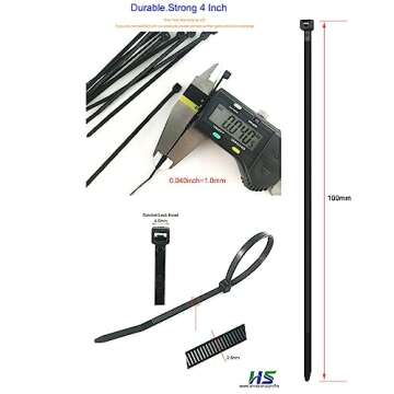 HS Durable Plastic Zip Ties 4 Inch (Bulk-1000 Pack) Small Tie Wraps Thin 18 Lbs Self-Locking Nylon C...