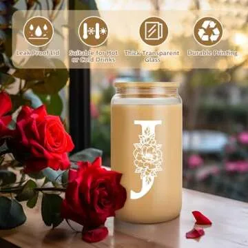 Coolife Initial Glass Cup, Monogrammed Gifts for Women, 16 oz Glass Cups w/Lids Straws, Iced Coffee ...