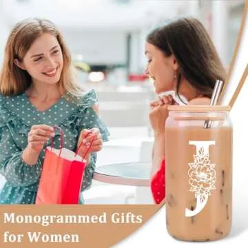 Coolife Initial Glass Cup, Monogrammed Gifts for Women, 16 oz Glass Cups w/Lids Straws, Iced Coffee Smoothie Beer Tumbler w/Straw Lid - Personalized Valentines Day, Birthday Gifts for Her Mom Friend