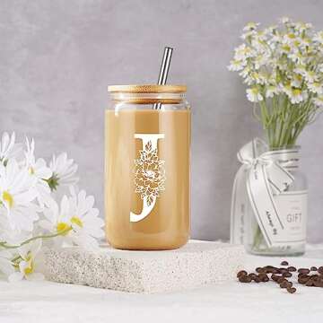 Coolife Initial Glass Cup, Monogrammed Gifts for Women, 16 oz Glass Cups w/Lids Straws, Iced Coffee Smoothie Beer Tumbler w/Straw Lid - Personalized Valentines Day, Birthday Gifts for Her Mom Friend