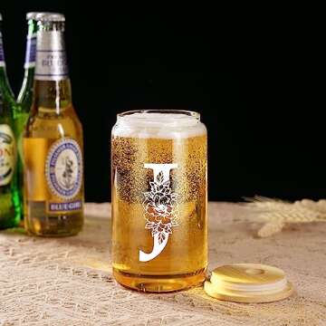 Coolife Initial Glass Cup, Monogrammed Gifts for Women, 16 oz Glass Cups w/Lids Straws, Iced Coffee Smoothie Beer Tumbler w/Straw Lid - Personalized Valentines Day, Birthday Gifts for Her Mom Friend