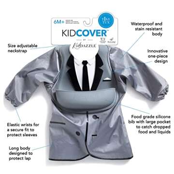 KidDazzle One Piece Tiny Tux KidCover- Cute Silicone Baby Boy Bib Smock - Adjustable Size - Waterproof and Stain Resistant - Babies & Toddlers 6 Months + (Tiny Tux)