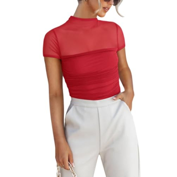 REORIA Sexy Bodysuits for Women Classic Mock Turtle Neck Short Sleeve Slim Fit Shirts Sheer Mesh Ruc...