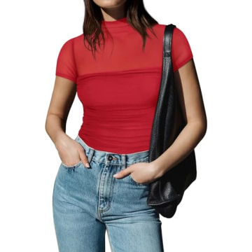 REORIA Sexy Bodysuit Classic Mock Turtle Neck Short Sleeve