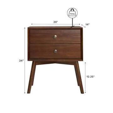 Walker Edison Mid Century Modern Wood Nightstand Side Table Bedroom Storage Drawer Bedside End Table, 2 Drawer, Walnut