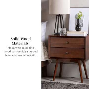 Walker Edison Mid Century Modern Wood Nightstand Side Table Bedroom Storage Drawer Bedside End Table, 2 Drawer, Walnut