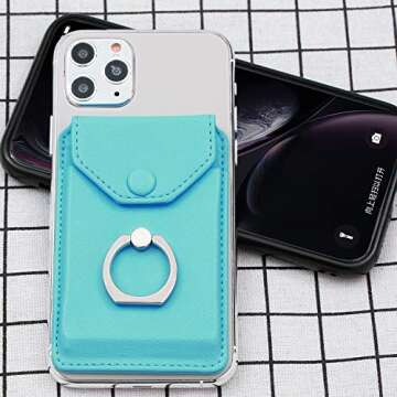 YUNCE Cell Phone RFID Ring Stand Stick on Wallet for Back of Phone for iPhone Android and All Smartphones Adhesive Credit Card Holder for Cell Phone-Green