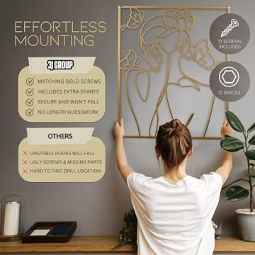 Stylish XL Gold Metal Wall Art Set - Easy to Install