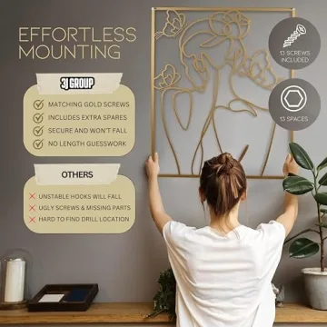 Stylish XL Gold Metal Wall Art Set - Easy to Install