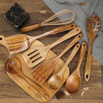 Wooden Kitchen Utensils for Cooking,Natural Teak Wood Utensil Set,Wooden Spoons for Cooking Nonstick Kitchen Utensils set Spatula (8)