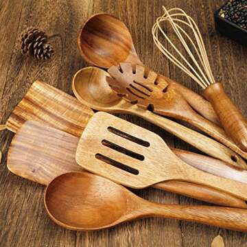 Wooden Kitchen Utensils for Cooking,Natural Teak Wood Utensil Set,Wooden Spoons for Cooking Nonstick Kitchen Utensils set Spatula (8)