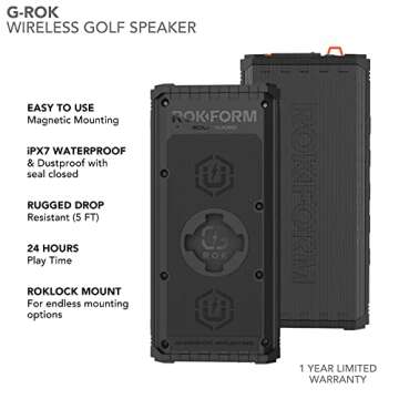 Rokform G-ROK – Wireless Golf Speaker, Portable Magnetic, IPX7 Waterproof, Shockproof & Dustproof, Loud & Clear Sound, 24 Hour Battery, Rugged Outdoor Golf Cart Speaker (Black)