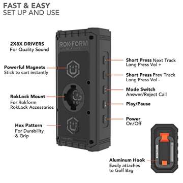 Rokform G-ROK – Wireless Golf Speaker, Portable Magnetic, IPX7 Waterproof, Shockproof & Dustproof, Loud & Clear Sound, 24 Hour Battery, Rugged Outdoor Golf Cart Speaker (Black)