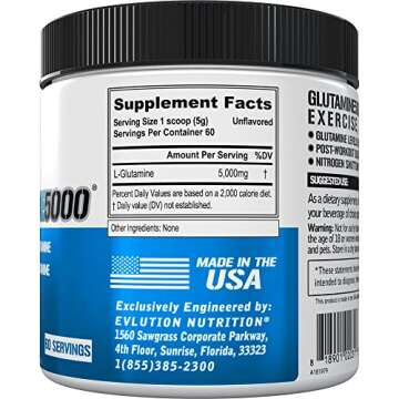 Evlution Nutrition Pure Vegan L-Glutamine Powder - 5g for Maximum Recovery, Energy, and Gut Health