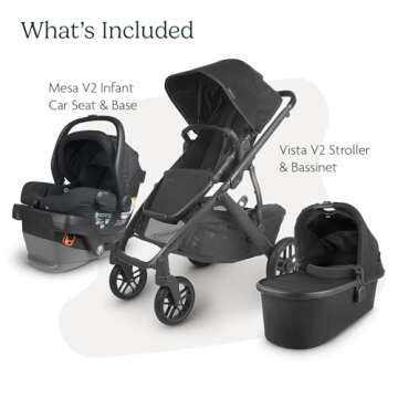UPPAbaby Travel System, Includes Vista V2 Stroller + Mesa V2 Car Seat Combo/Bassinet, Toddler Seat, Rain Shield, Storage Bag, Car Seat, Base + Robust Infant Insert Included/Jake (Charcoal)