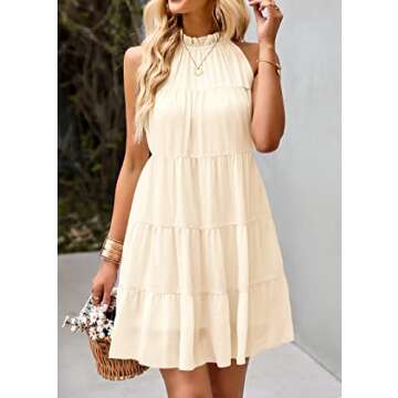 KIRUNDO Womens Summer Dresses 2024 Casual Halter Sleeveless Flowy Mini Babydoll Tiered Pleated Beach Sundress (Apricot, Small)