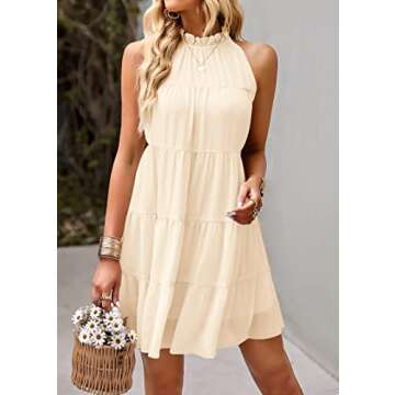 KIRUNDO Womens Summer Dresses 2024 Casual Halter Sleeveless Flowy Mini Babydoll Tiered Pleated Beach Sundress (Apricot, Small)