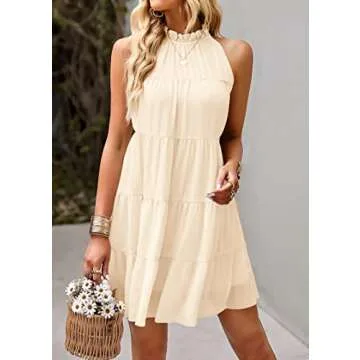 KIRUNDO Womens Summer Dresses 2024 Casual Halter Sleeveless Flowy Mini Babydoll Tiered Pleated Beach Sundress (Apricot, Small)