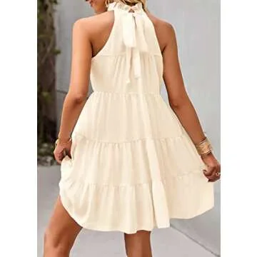 KIRUNDO Womens Summer Dresses 2024 Casual Halter Sleeveless Flowy Mini Babydoll Tiered Pleated Beach Sundress (Apricot, Small)