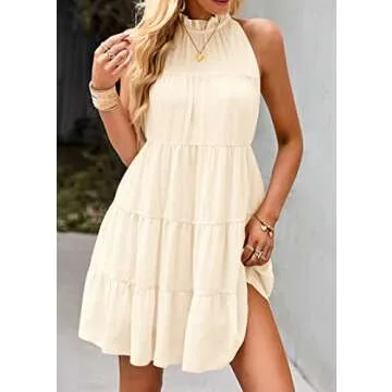 KIRUNDO Womens Summer Dresses 2024 Casual Halter Sleeveless Flowy Mini Babydoll Tiered Pleated Beach Sundress (Apricot, Small)
