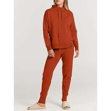 ANRABESS Women Two Piece Outfits Turtleneck Pullover Top Cozy Knit Sweater Pants Lounge Set 2024 Fall Sweatsuit Sweatsuits Rust Red Large