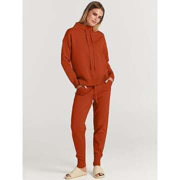 ANRABESS Women Two Piece Outfits Turtleneck Pullover Top Cozy Knit Sweater Pants Lounge Set 2024 Fall Sweatsuit Sweatsuits Rust Red Large