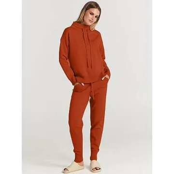 ANRABESS Women Two Piece Outfits Turtleneck Pullover Top Cozy Knit Sweater Pants Lounge Set 2024 Fall Sweatsuit Sweatsuits Rust Red Large