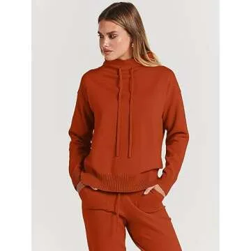 ANRABESS Women Two Piece Outfits Turtleneck Pullover Top Cozy Knit Sweater Pants Lounge Set 2024 Fall Sweatsuit Sweatsuits Rust Red Large