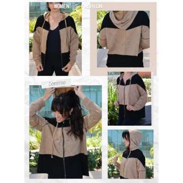 Dokotoo Waffle Knit Oversized Hoodies for Womens 2024 Zip Up Drawstring Tops Christmas Outfits Cute Fall Outfits Casual Trendy Clothing Lightweight Jackets,Khaki Small