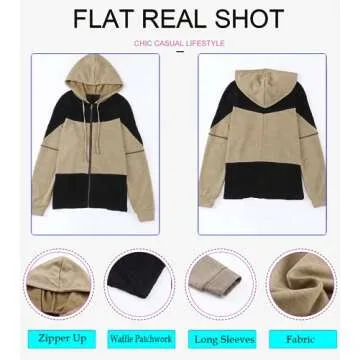 Dokotoo Waffle Knit Oversized Hoodies for Womens 2024 Zip Up Drawstring Tops Christmas Outfits Cute Fall Outfits Casual Trendy Clothing Lightweight Jackets,Khaki Small