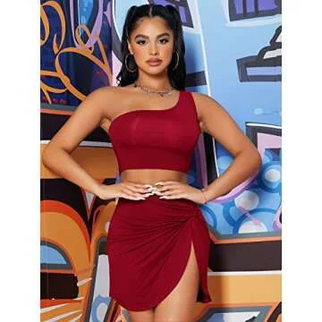 Verdusa Women's 2 Piece Outfit One Shoulder Crop Top and Twist Bodycon Skirt Set
