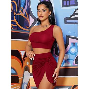 Verdusa Women's 2 Piece Outfit One Shoulder Crop Top and Twist Bodycon Skirt Set