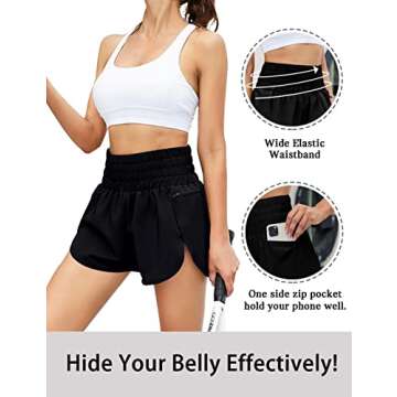 Blooming Jelly Women's High Waisted Running Shorts Athletic Active Workout Shorts with Zipper Pocket (Medium, Black)