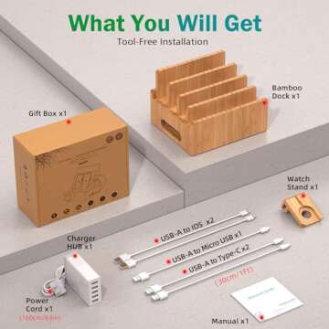 Pezin & Hulin Bamboo Charging Station for Multiple Devices with 5 Port USB Charger, 5 Cables, Smart Watch & Earbuds Stand, Desk Docking Stations Electronic Organizer for Cell Phone, Tablet