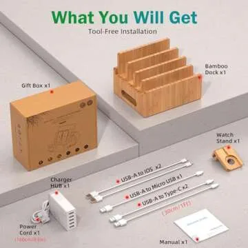 Pezin & Hulin Bamboo Charging Station for Multiple Devices with 5 Port USB Charger, 5 Cables, Smart Watch & Earbuds Stand, Desk Docking Stations Electronic Organizer for Cell Phone, Tablet