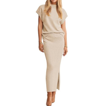 Pink Queen Women Spring Skirt Outfits Cap Sleeve Sweater Tops Ribbed Bodycon Knit Date Night Maxi Dr...