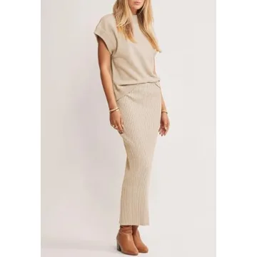 Pink Queen Women Spring Skirt Outfits Cap Sleeve Sweater Tops Ribbed Bodycon Knit Date Night Maxi Dress Set Apricot M