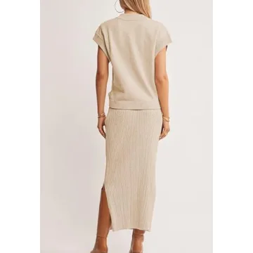 Pink Queen Women Spring Skirt Outfits Cap Sleeve Sweater Tops Ribbed Bodycon Knit Date Night Maxi Dress Set Apricot M